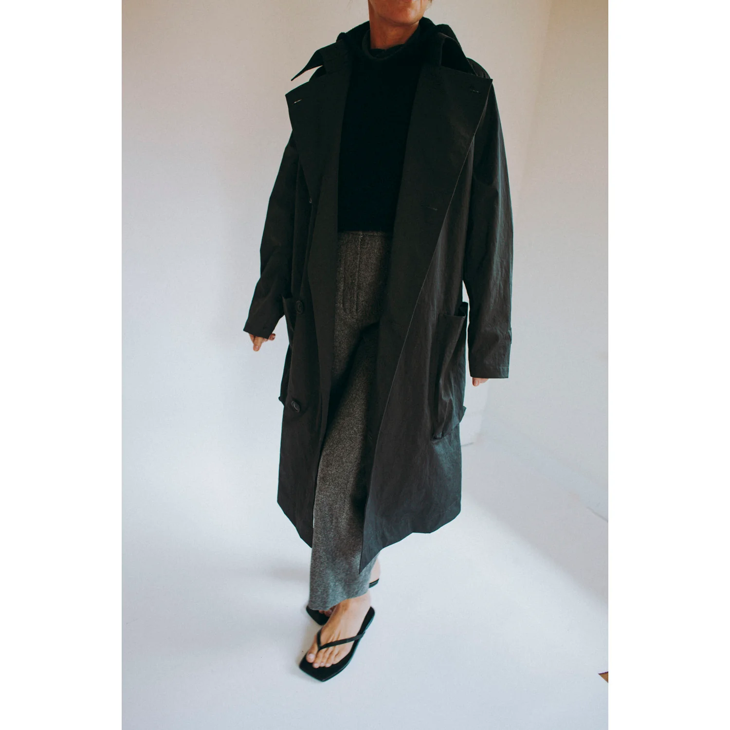 Grei Peaked Lapel Trench Coat in Charcoal - Image 11