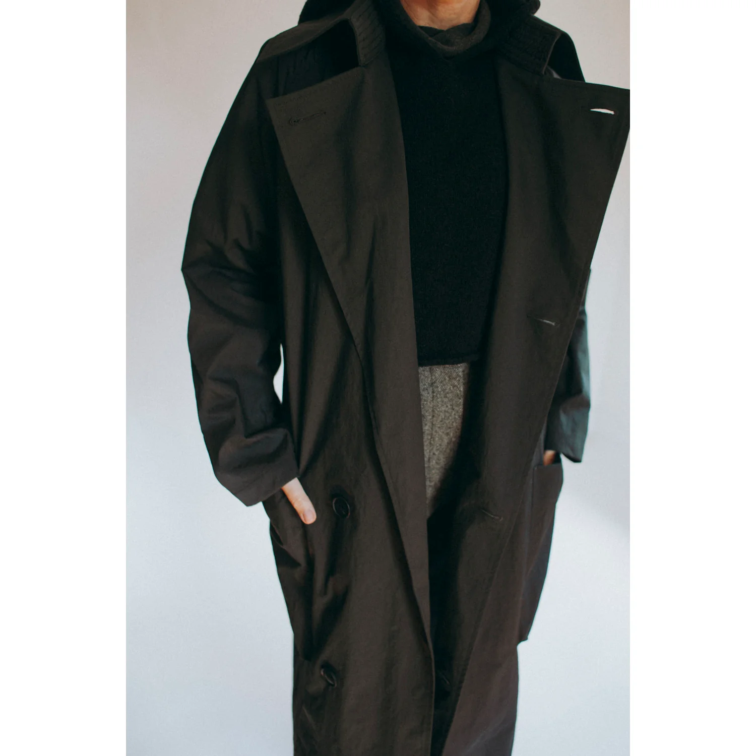 Grei Peaked Lapel Trench Coat in Charcoal - Image 9