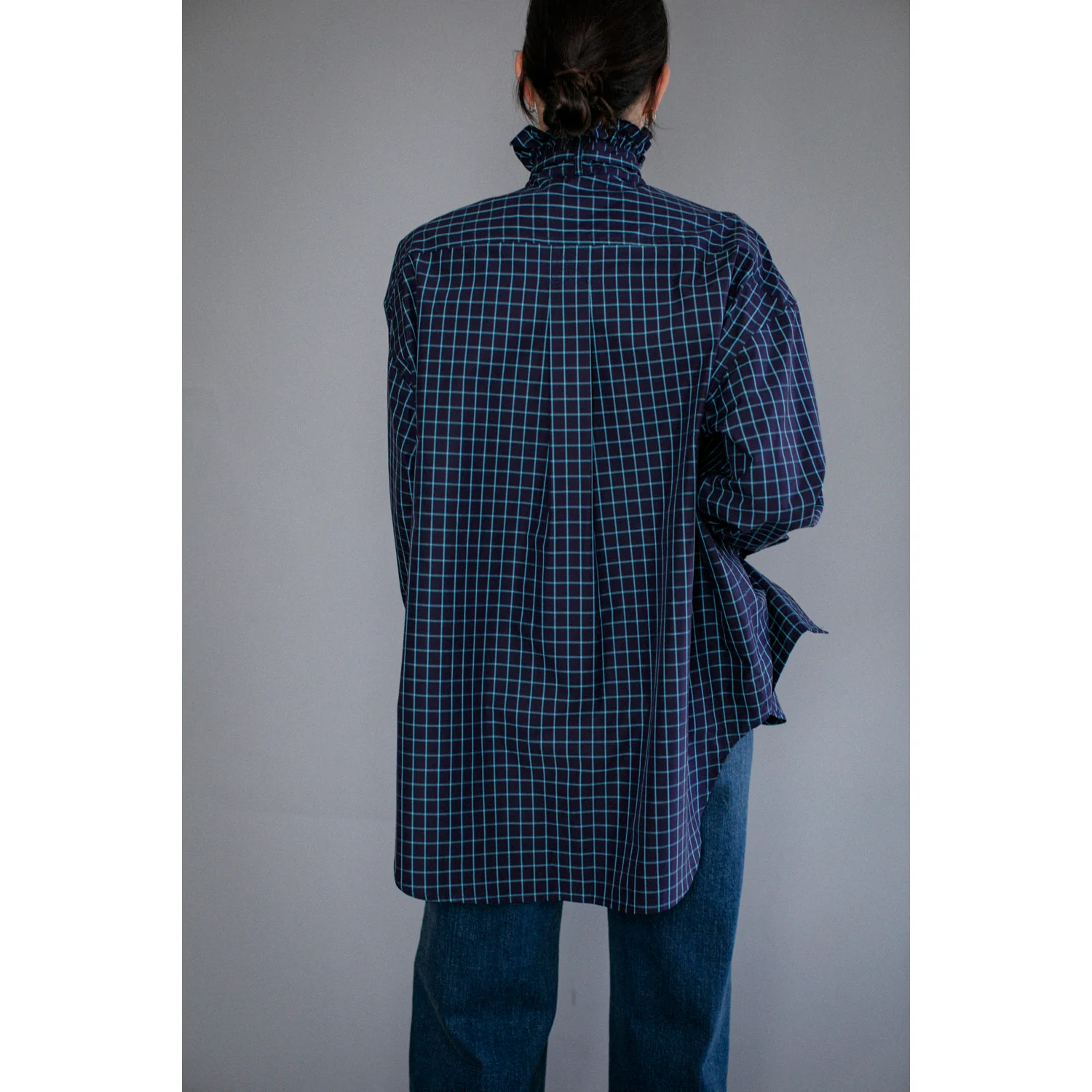 Kasmaria Oversized Shirt with Ruffle Neck and Tie in Blue Windowpane Check - Image 11