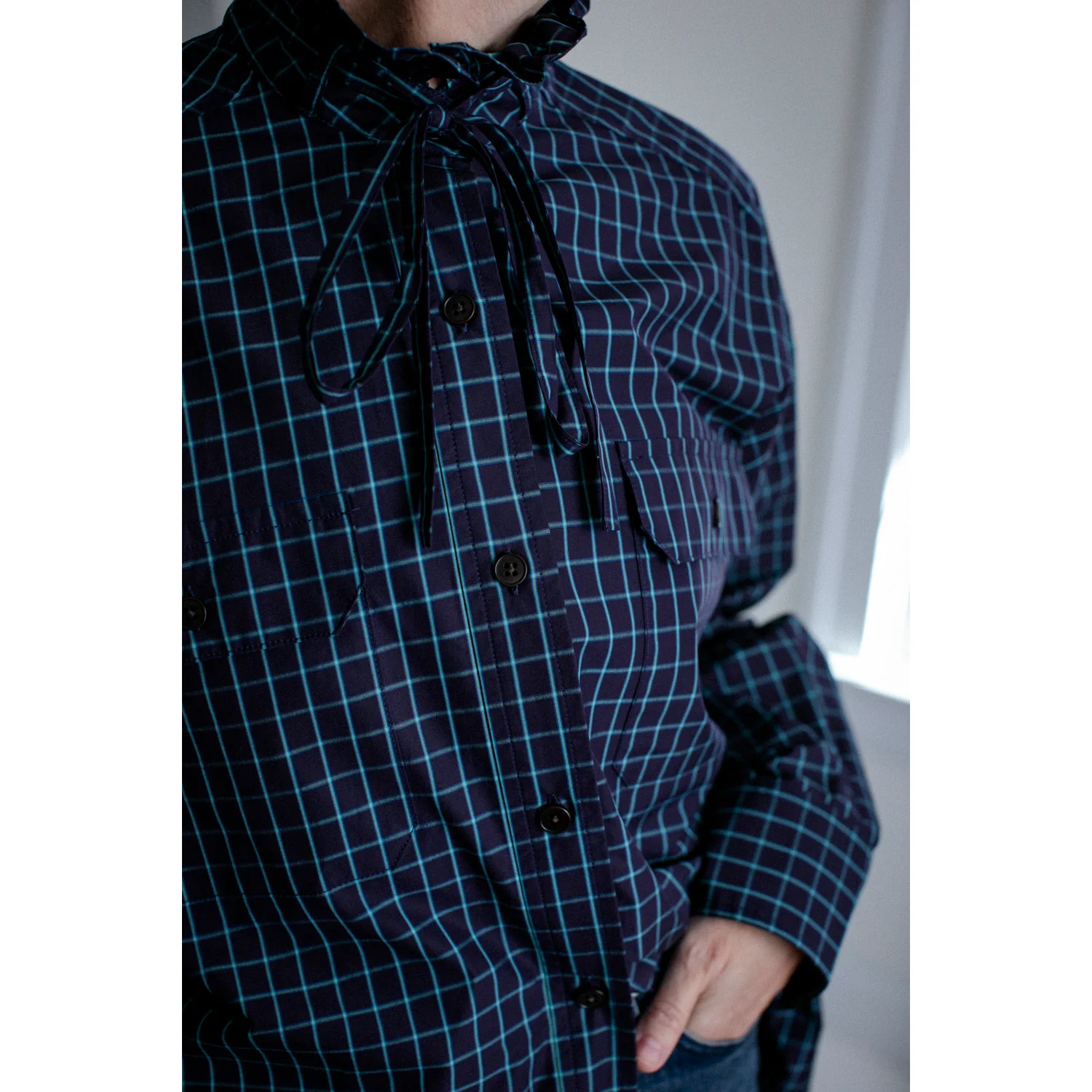 Kasmaria Oversized Shirt with Ruffle Neck and Tie in Blue Windowpane Check - Image 12
