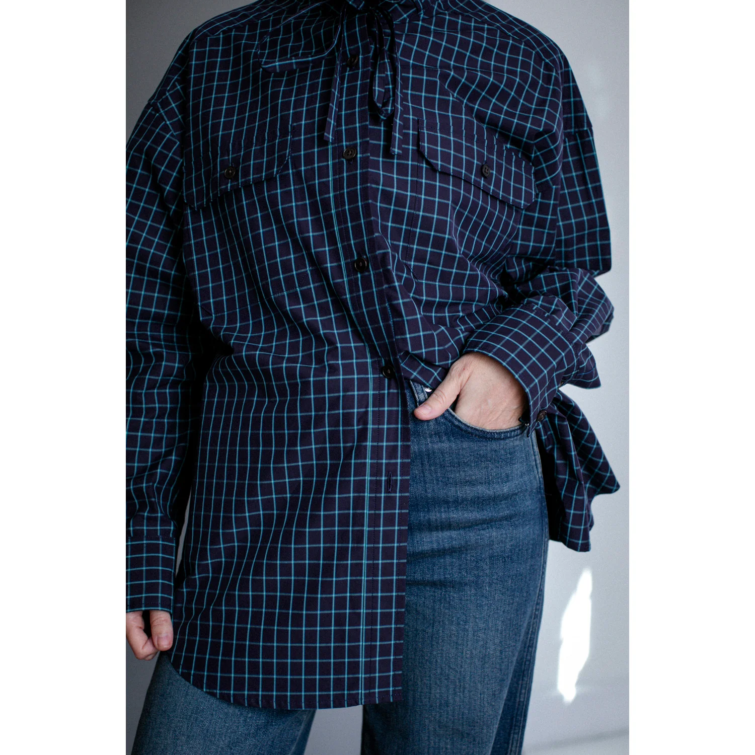 Kasmaria Oversized Shirt with Ruffle Neck and Tie in Blue Windowpane Check - Image 13