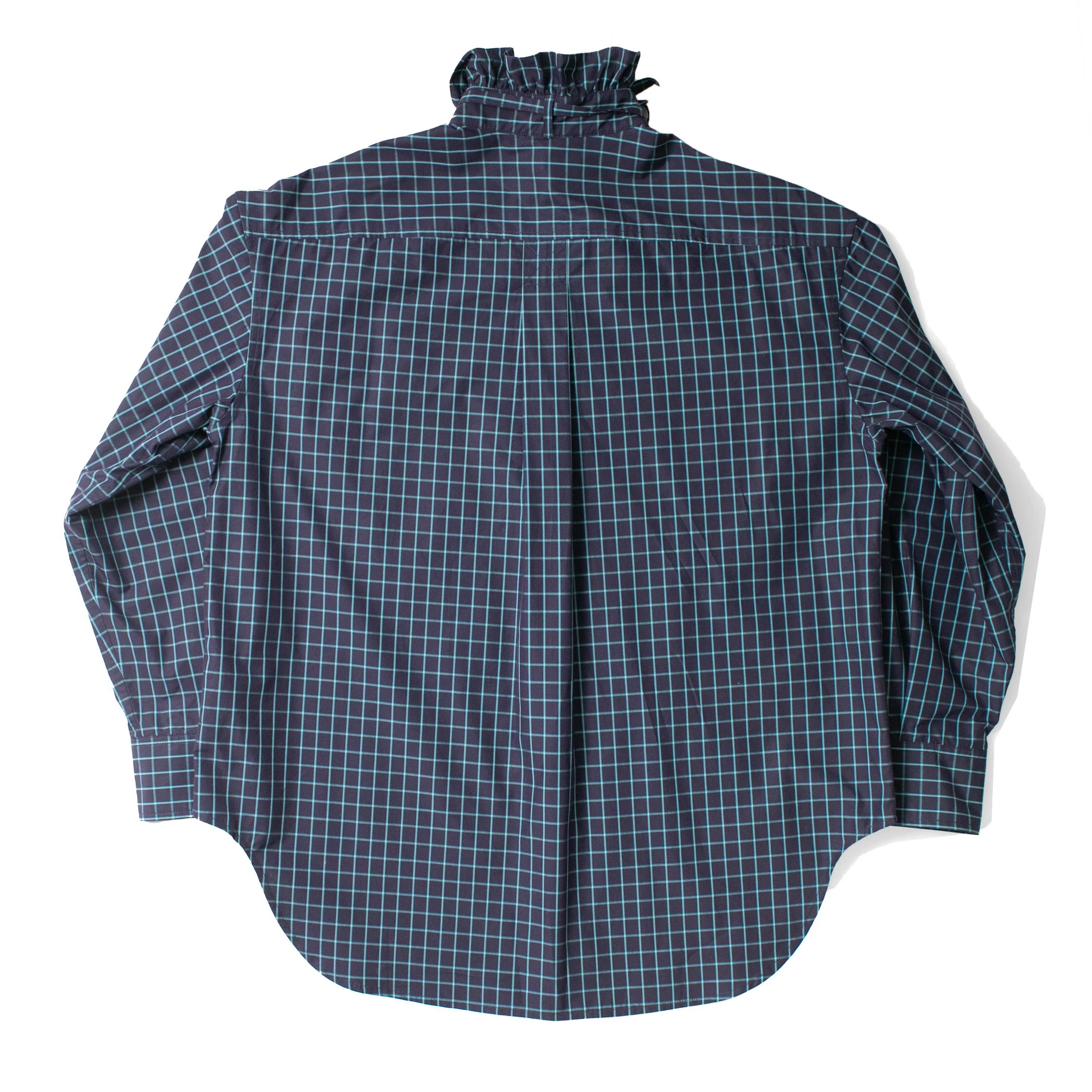 Kasmaria Oversized Shirt with Ruffle Neck and Tie in Blue Windowpane Check - Image 3