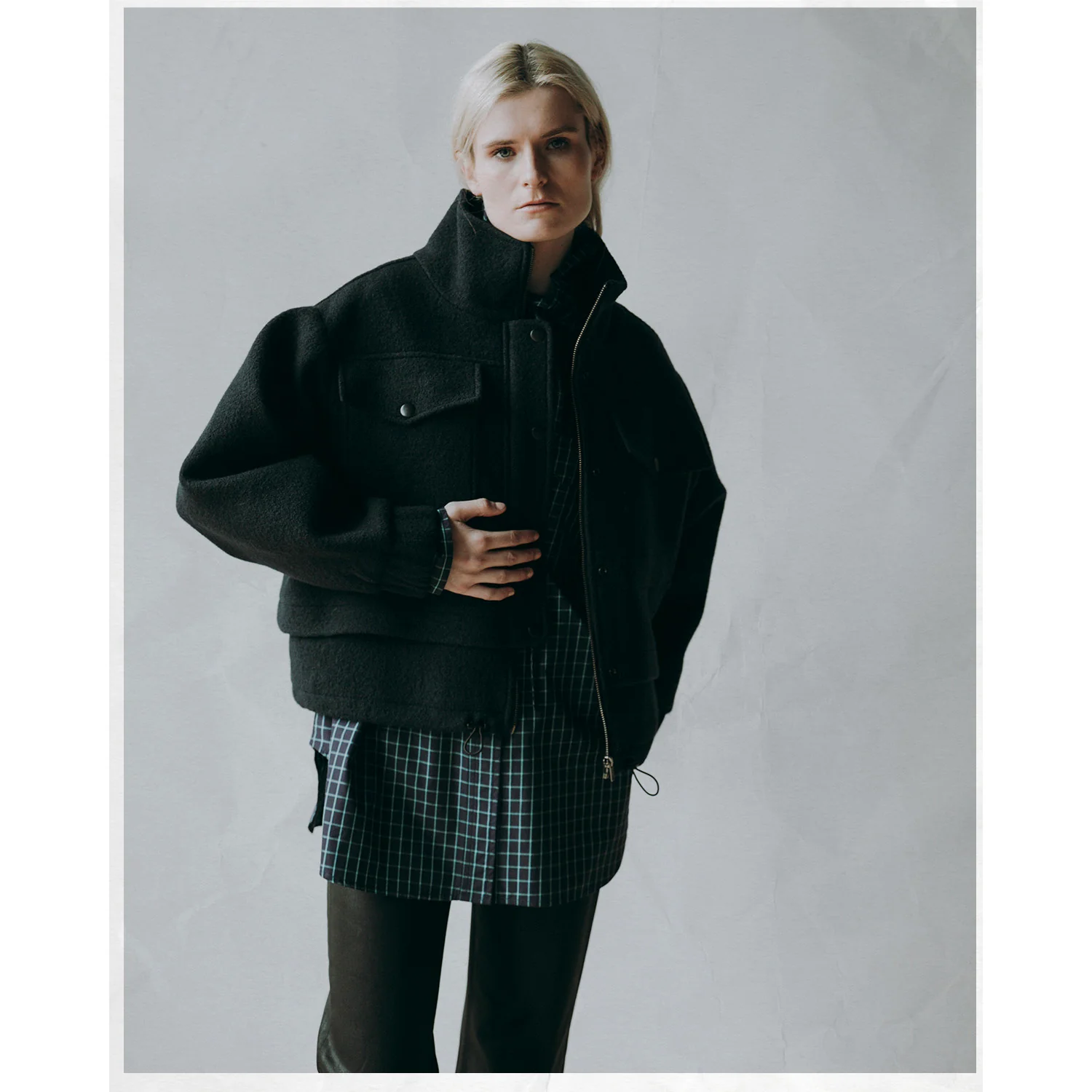 Kasmaria Oversized Shirt with Ruffle Neck and Tie in Blue Windowpane Check - Image 4