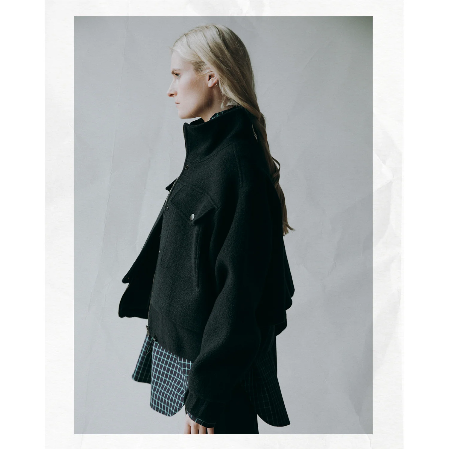 Kasmaria Oversized Shirt with Ruffle Neck and Tie in Blue Windowpane Check - Image 5