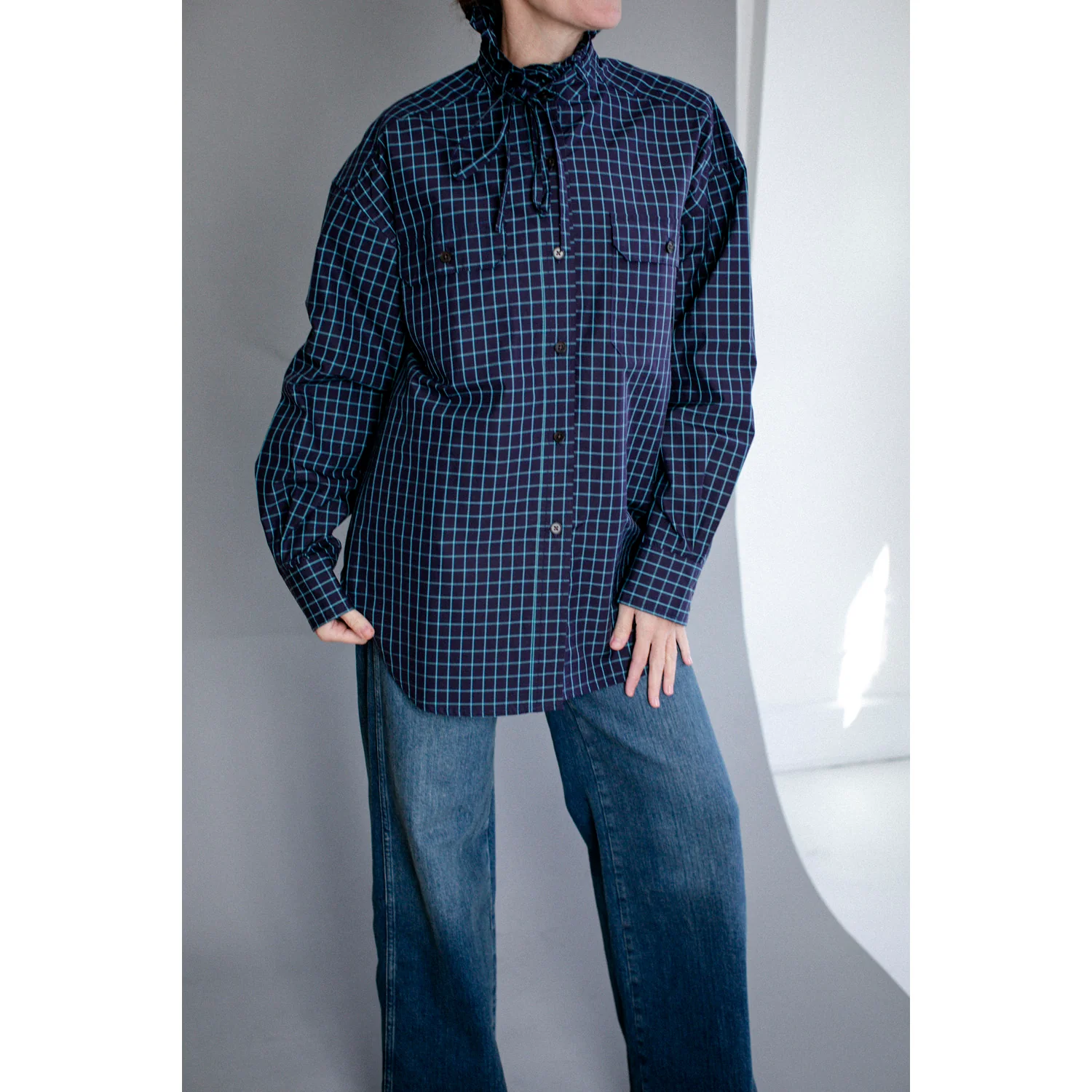 Kasmaria Oversized Shirt with Ruffle Neck and Tie in Blue Windowpane Check - Image 7