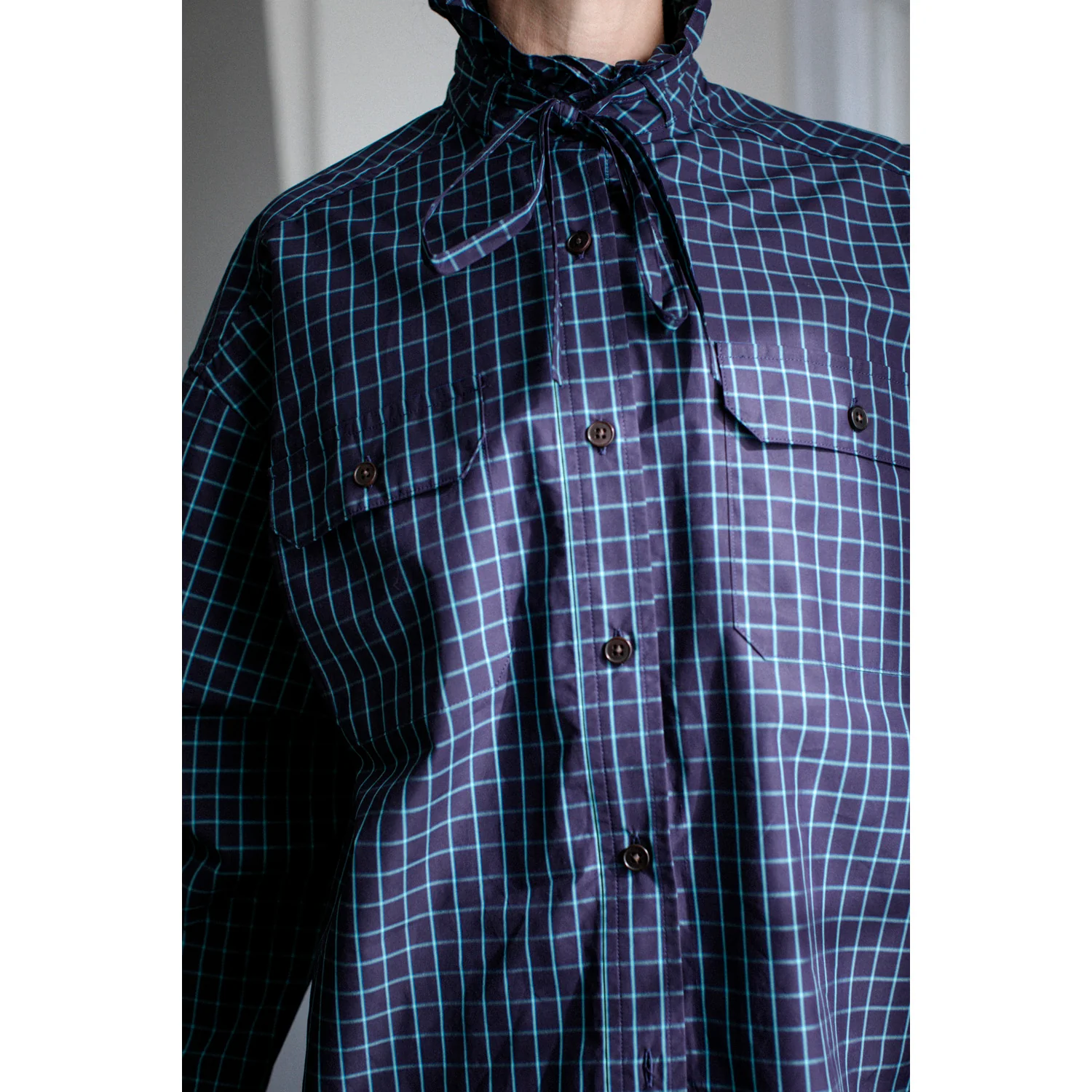 Kasmaria Oversized Shirt with Ruffle Neck and Tie in Blue Windowpane Check - Image 8