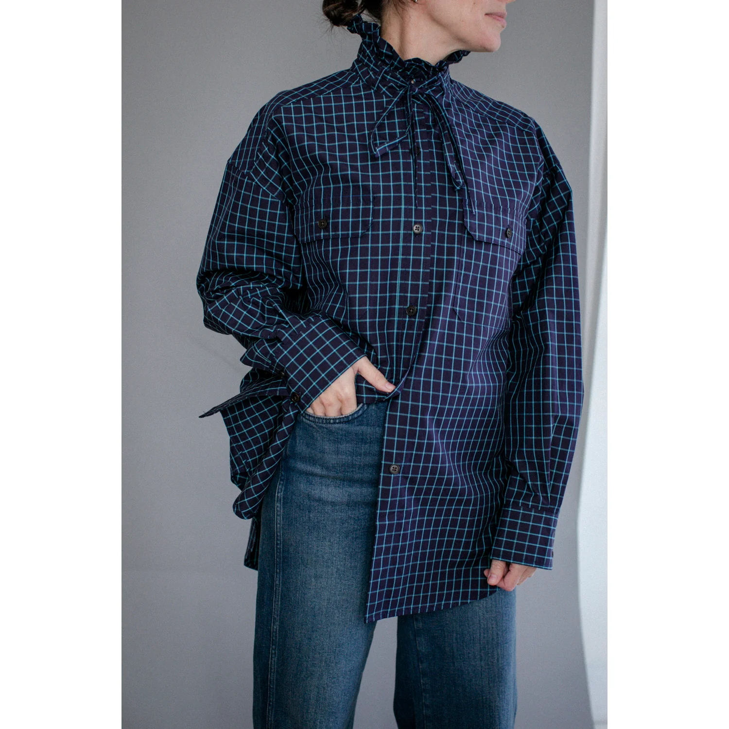 Kasmaria Oversized Shirt with Ruffle Neck and Tie in Blue Windowpane Check - Image 9